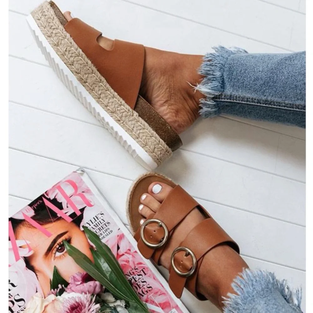 Women’s Tan Espadrille Slide Sandals with Buckle